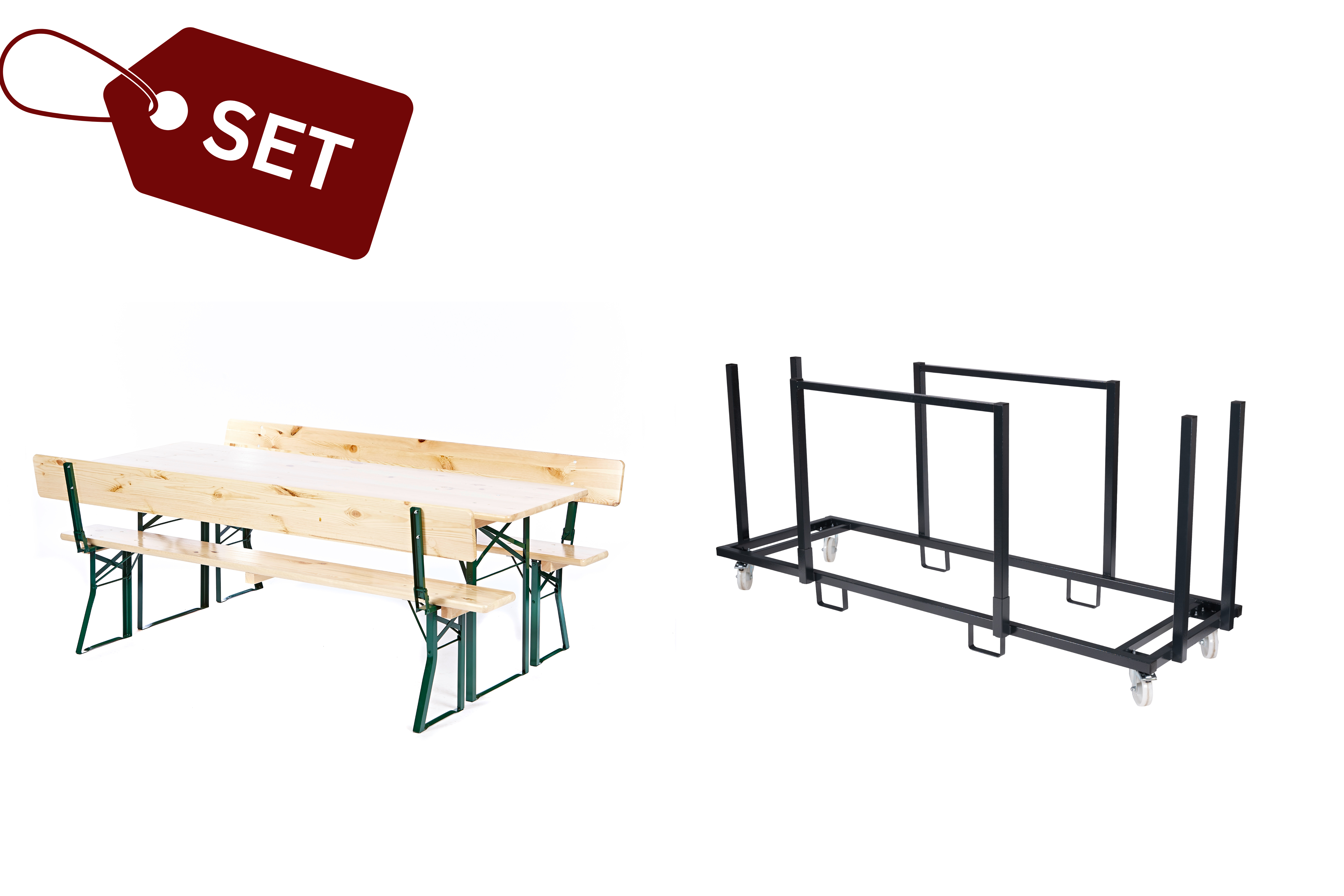 SET: 5 brewery-quality beer tent sets with backrests, clear (70) (N) + transport cart